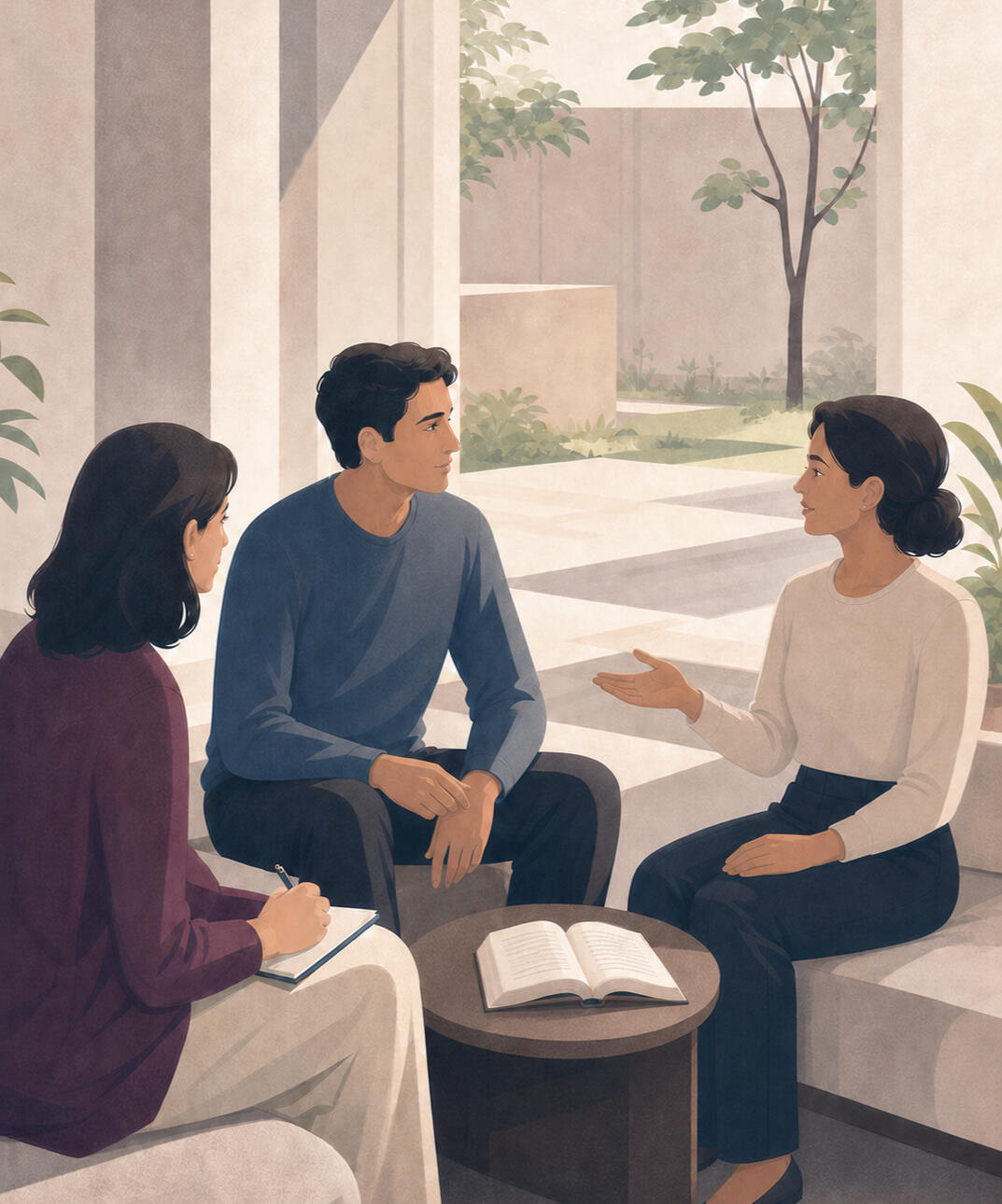 Three adults engaged in guided Vedanta study in a light-filled garden setting